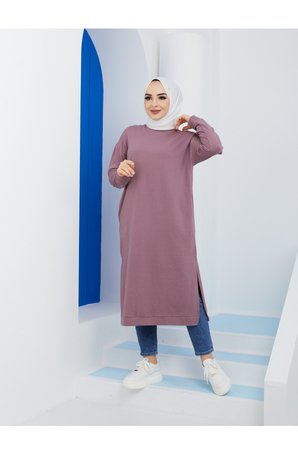 Uzun Yan Yırtmaçlı Çift Cepli Tesettür Tunik 3022 Koyu Lila